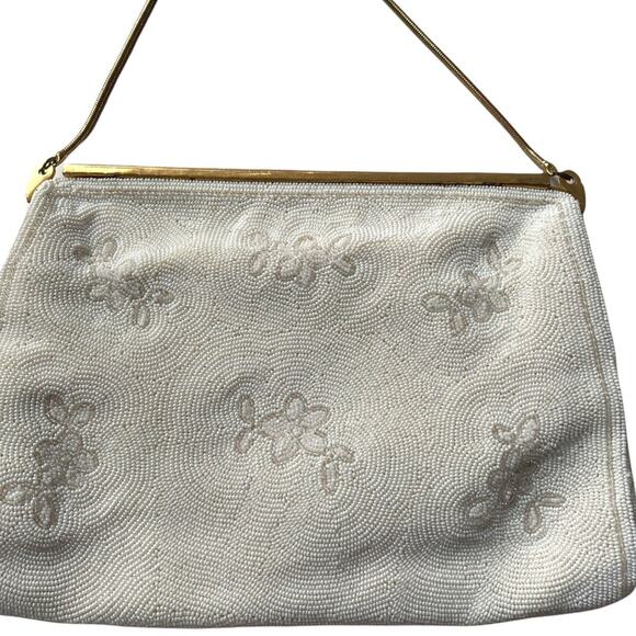 Vintage 1950s Handmade Beaded Bag White Floral Gold Hardware Bridal Wedding EUC - Picture 2 of 16